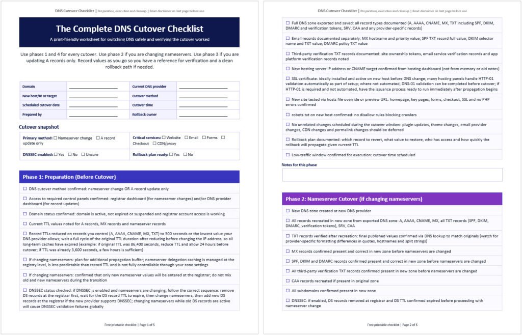 DNS Cutover Checklist - How to Switch DNS Safely and Verify It Worked - Free PDF and Word Download and Print