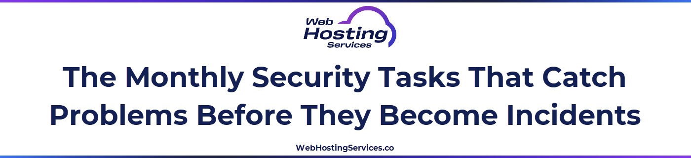 This section explains the monthly security maintenance tasks for a hosted website including malware scans, user account audits, error log review and failed login monitoring.