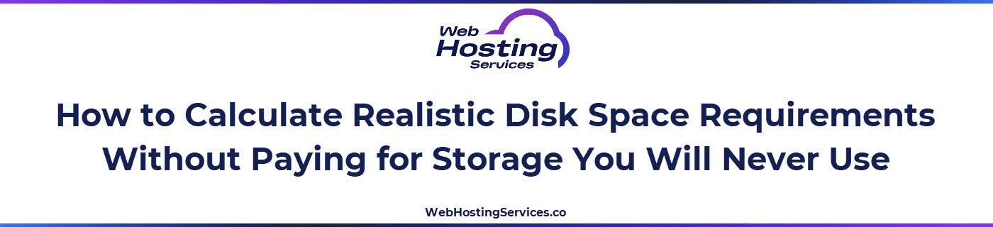 This section explains how to calculate realistic disk space requirements for different website types, including the impact of media files, databases, email hosting and backups on total storage needs.